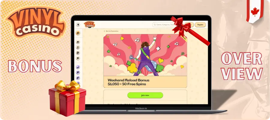 Player views available bonus offers before making a deposit Vinyl Casino bonuses