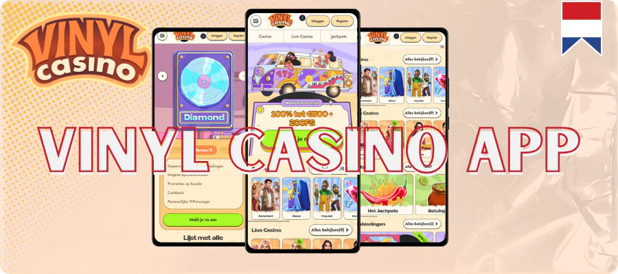 Vinyl Casino Drie smartphones met schermen van de casino app