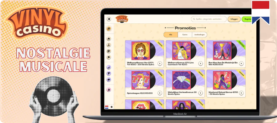 Vinyl Casino Laptop met de promotiepagina en bonuskaarten