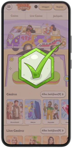 Vinyl Casino Smartphone met een groen vinkje op het scherm