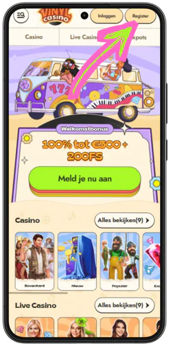 Vinyl Casino Smartphone met pijl naar de registratieknop