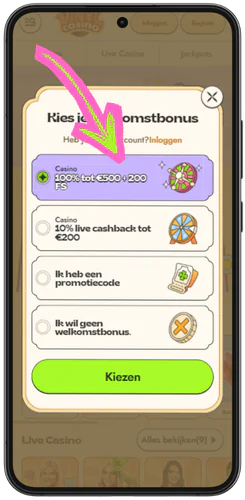 Vinyl Casino Venster met vier welkomstbonussen op een smartphone